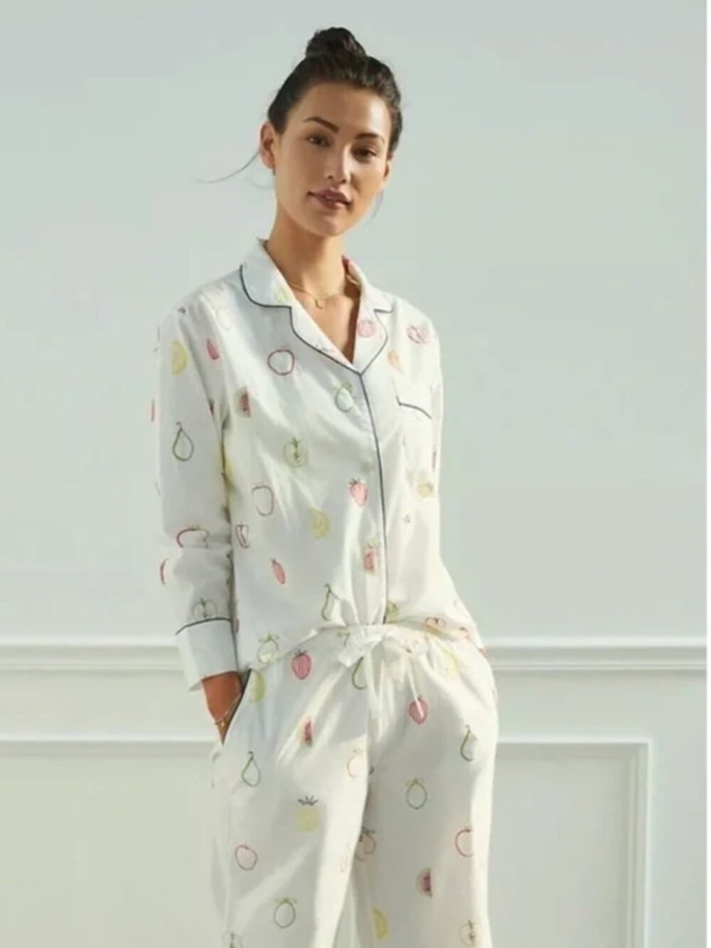 Anthropologie Printfresh Embroidered Fruit Medley White Pajama Set 2 Piece XL